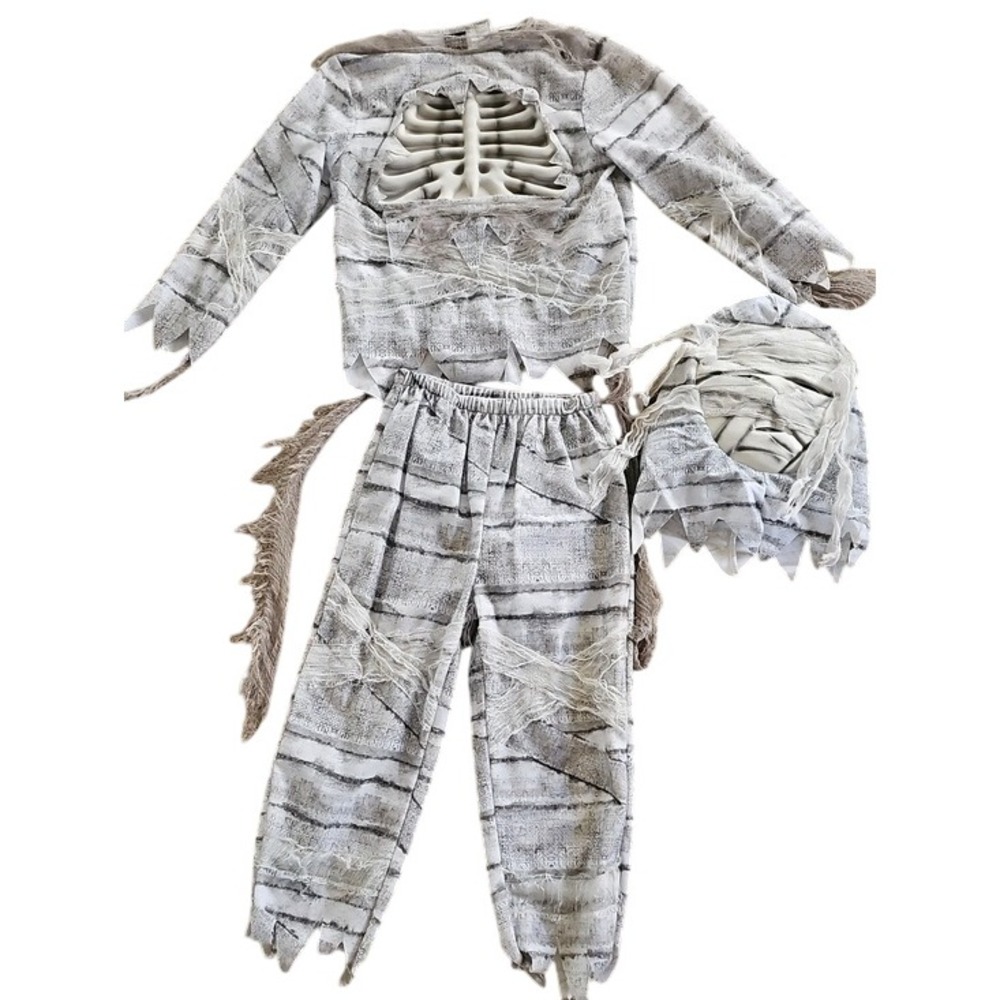Authentic Kids Mummy Costume 3PC Set Rib Cage Detail Size M 5-6 Gray White